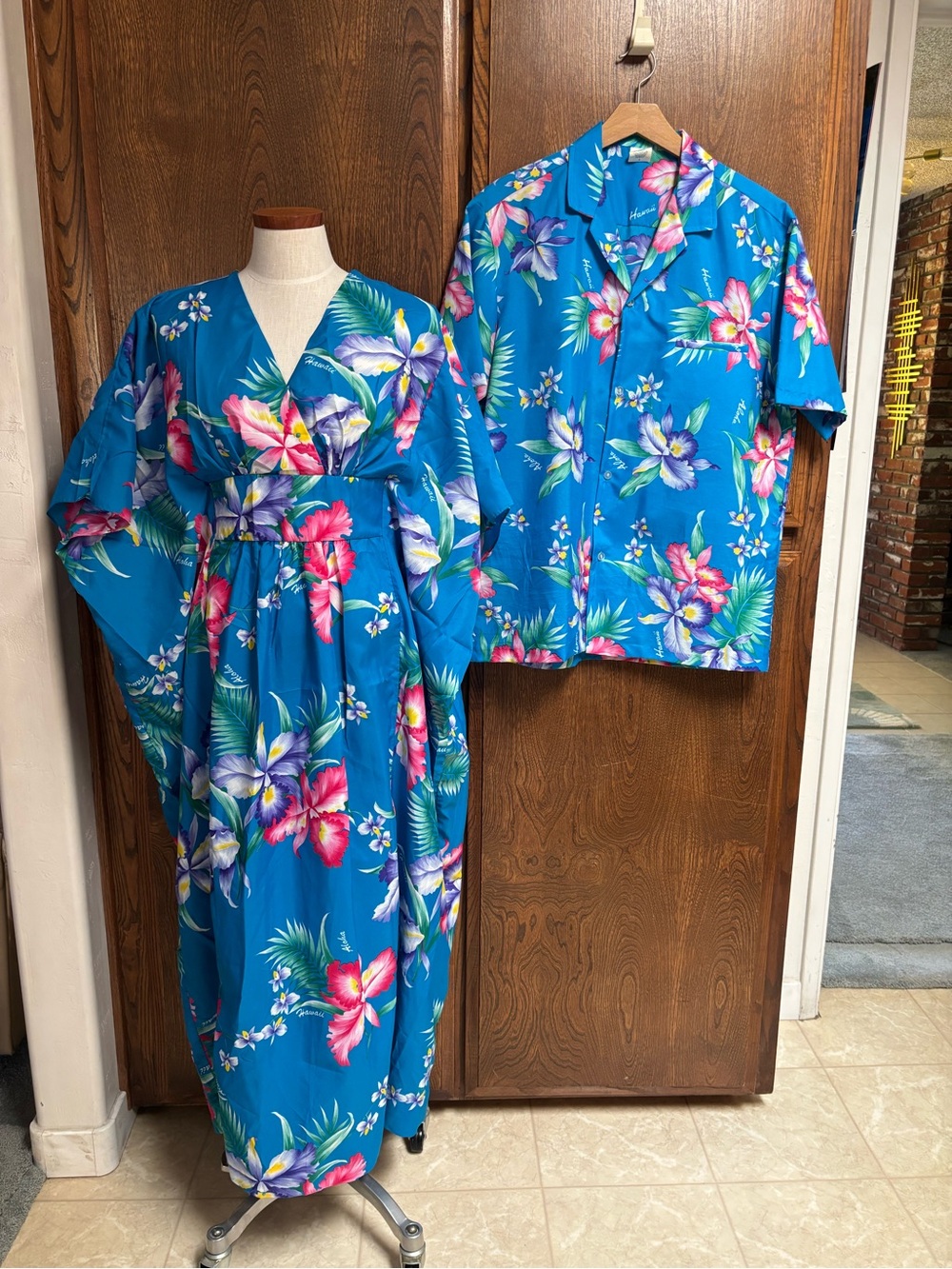 Blue Tropical Hawaiian Dress and Mens Shirt Set
